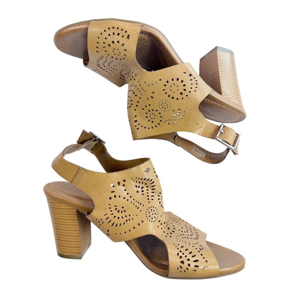 Solesenseability‎ Molly Tan Sandals Womens 8.5 Tan Laser Cut Block Heel